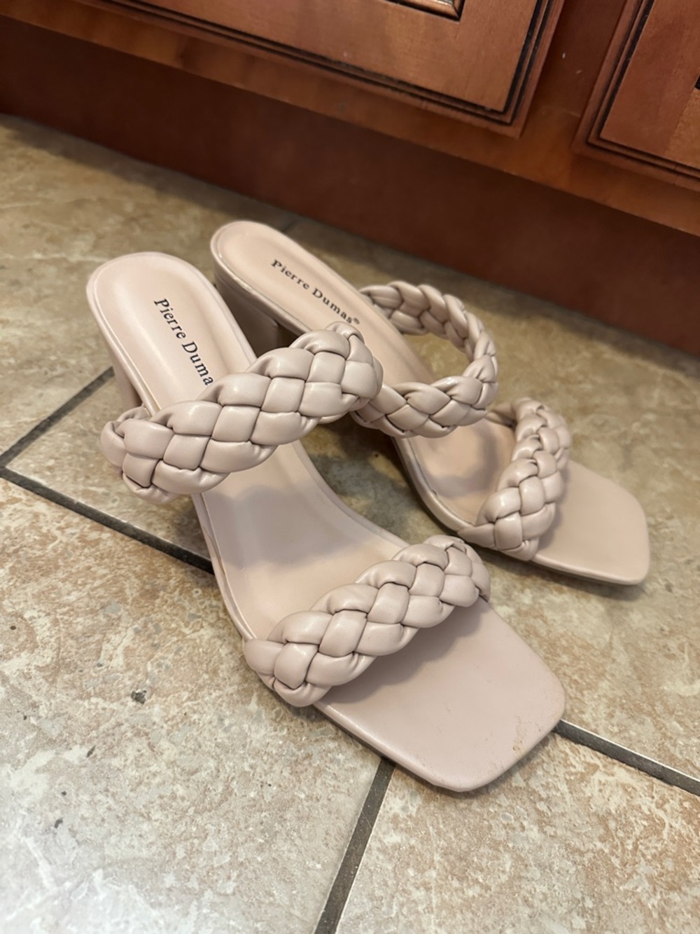 Pierre Dumas Braided Double-Strap Mules in Blush Nude